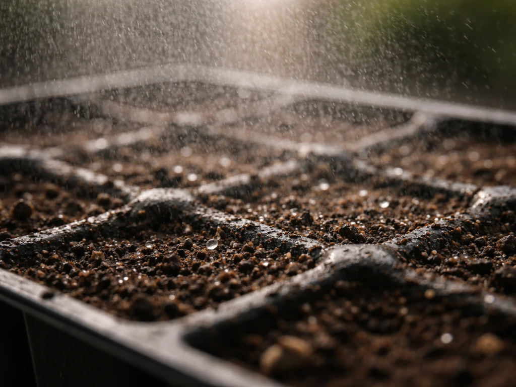 Close-up of soil being lightly misted to keep the top layer moist during germination.