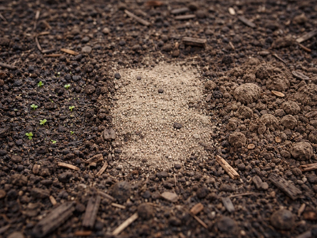 Three soil patches showing patchy germination: dry, moist, and compacted clumpy spots.