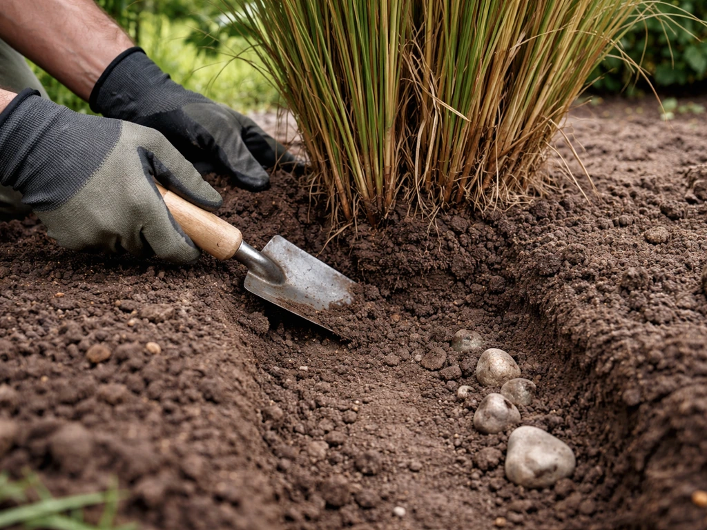 Gardener loosening soil and improving drainage around pampas grass planting spot to prevent water pooling