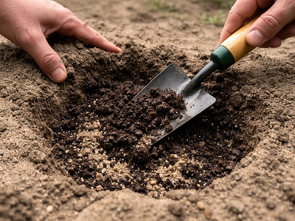 Hands mixing dark compost into light sandy soil in a shallow planting hole.