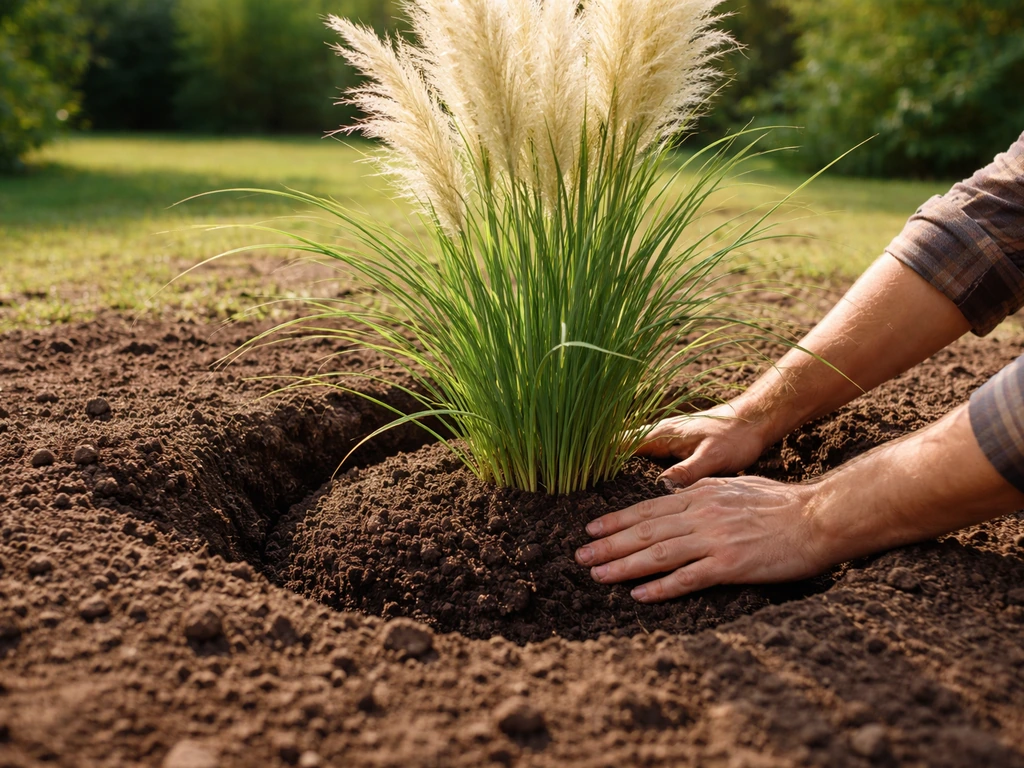 Gardener hands placing a pampas grass plant into a prepared hole, crown correctly set in full sun.