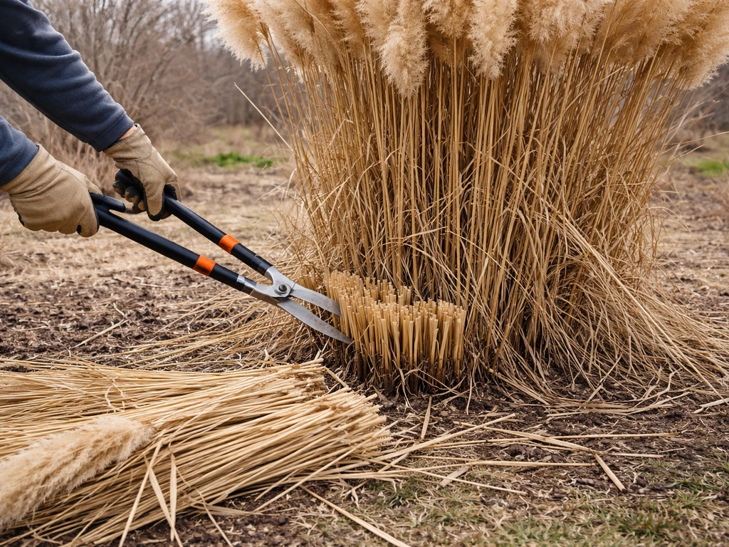 Gloved hands cut back a pampas grass clump with heavy-duty loppers in late winter sunlight.