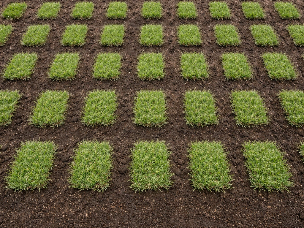 Overhead view of a newly planted zoysia plug lawn with clear plug spacing and bare soil between plugs.