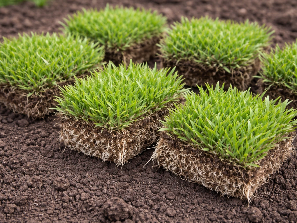 Close-up of zoysia grass plugs with visible roots and attached soil on dark garden soil.