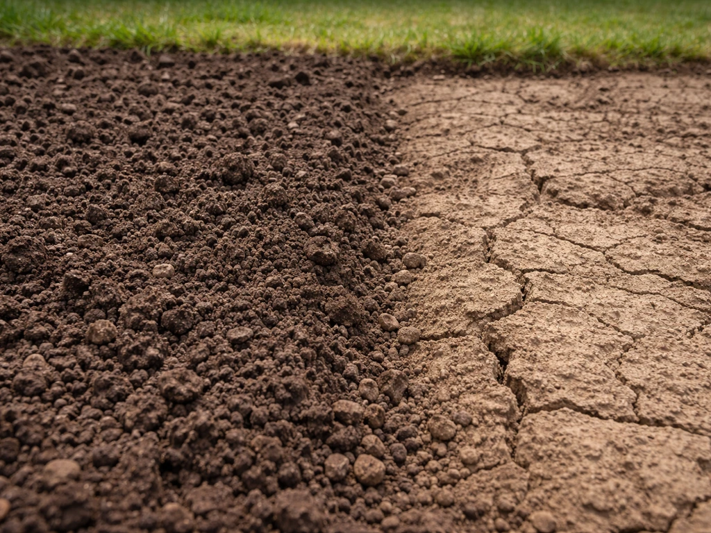Close-up of worked loose soil next to compacted clay in a prepared planting bed for drainage.