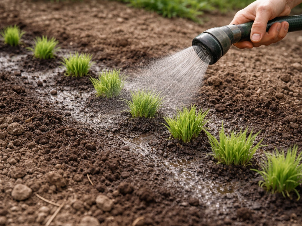 Gardening worker watering freshly planted turf plugs with a gentle hose spray right after installation.