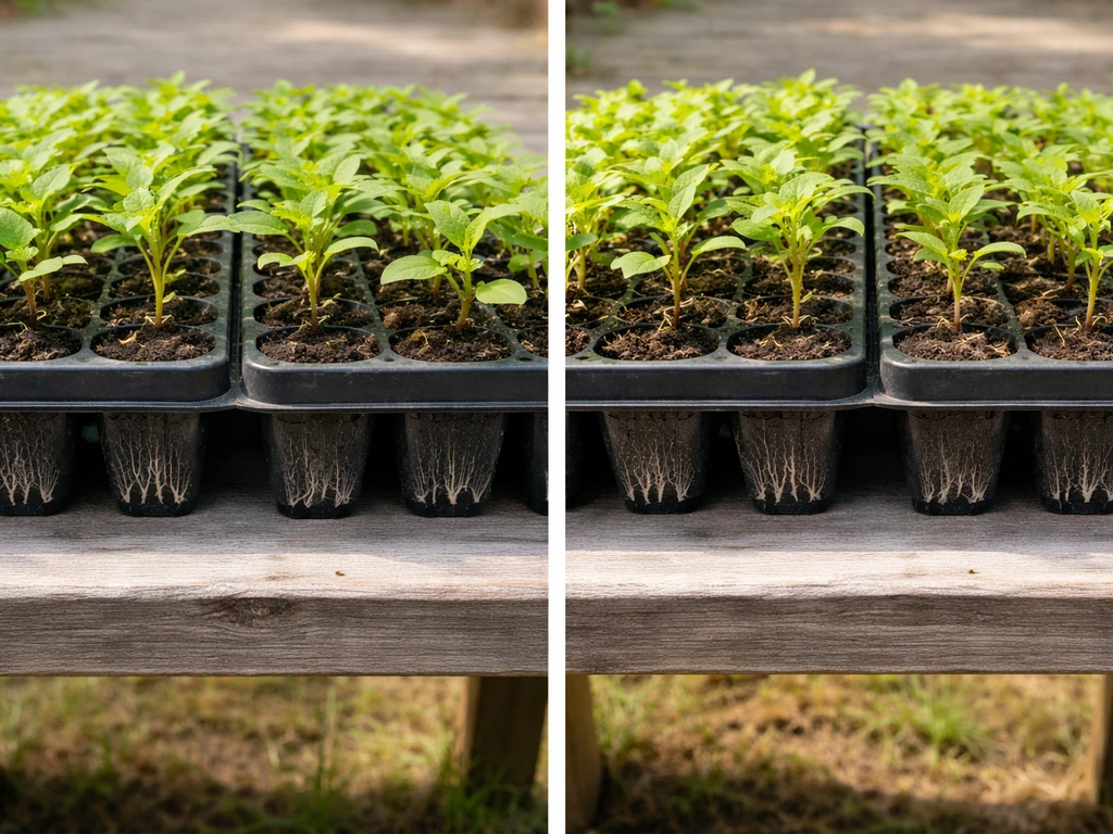 Side-by-side seedling plug trays: one moist with roots, one dry with poor root growth.