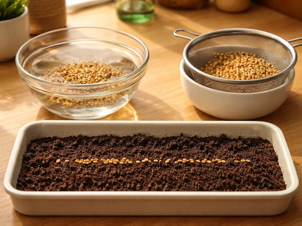 Cereal grass seeds soaking in a bowl, draining, and sown in a shallow tray with potting mix.