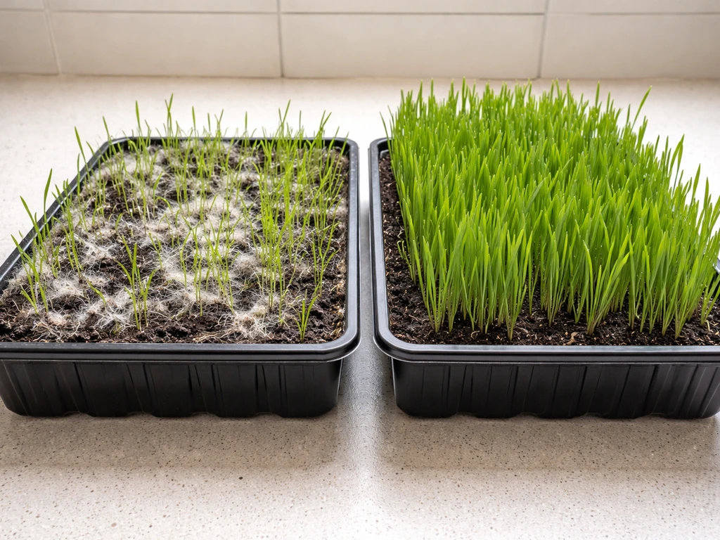 Left tray has white fuzzy mold on soil; right tray shows clean, healthy cat grass growth.