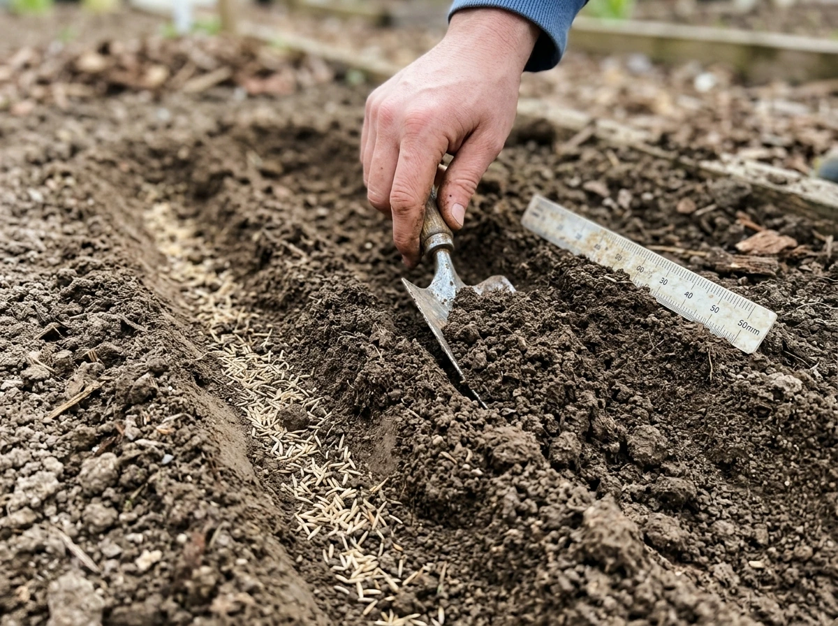 Different seed depths shown in a raked seedbed to explain patchy germination causes.