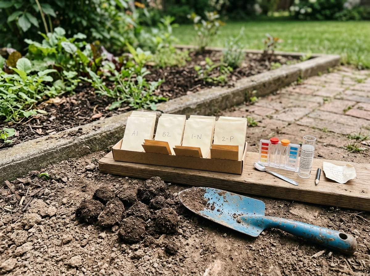 Soil sample collection and soil testing kit prepared before amending the yard.