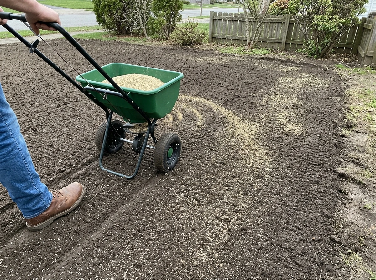 Rotary broadcast spreader dropping grass seed with overlapping passes for even coverage.