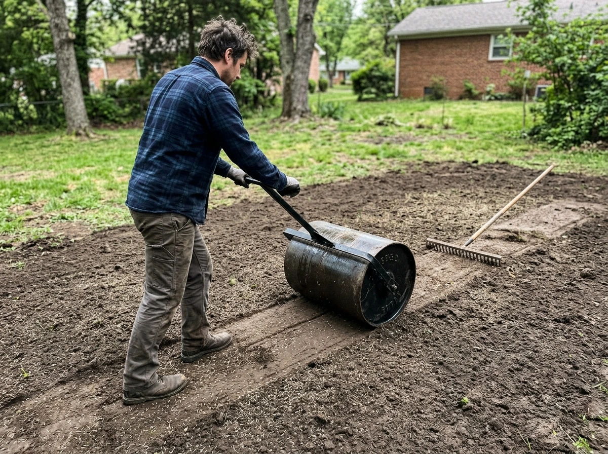 Lawn roller pressed over newly seeded soil to lock in seed-to-soil contact.