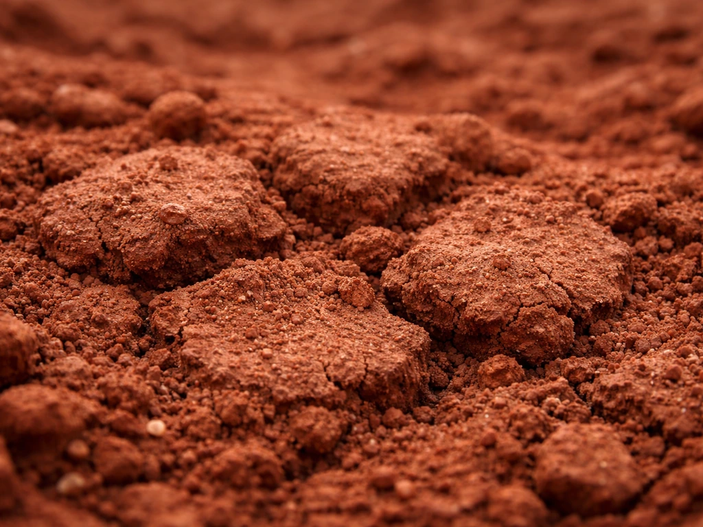 Close-up of reddish red clay soil clumps with iron-oxide color and small packed texture.