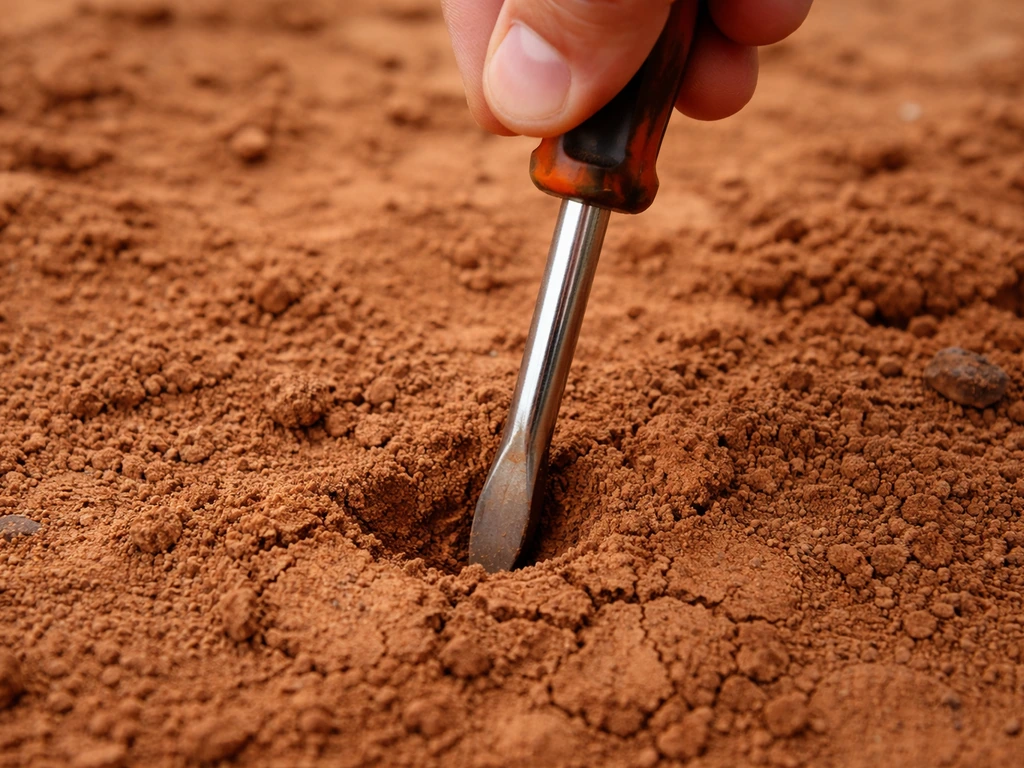 Hand pushing a standard screwdriver into red clay soil to show compaction resistance