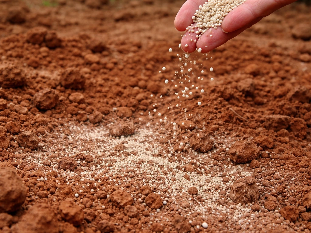 Pelletized dolomitic lime granules being sprinkled onto red clay soil, granules visible on the surface.