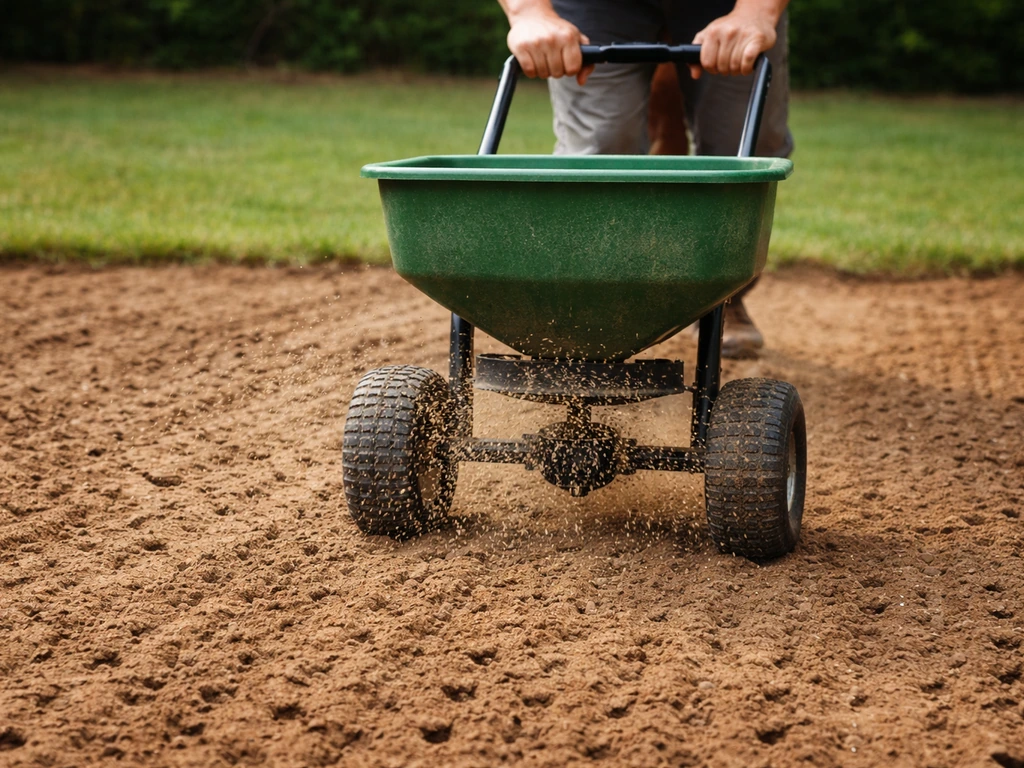 Rotary spreader broadcasting grass seed over a lightly raked, aerated red clay seedbed
