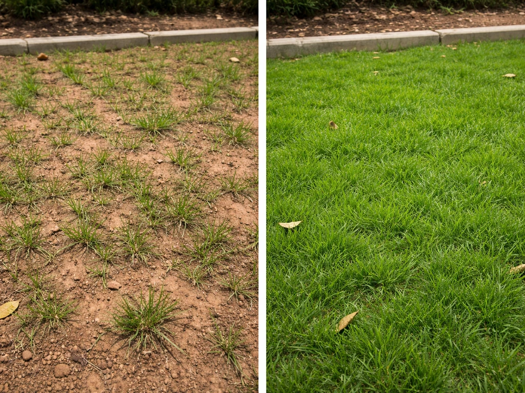 Same patch of clay soil lawn: patchy grass before, noticeably denser green turf after.