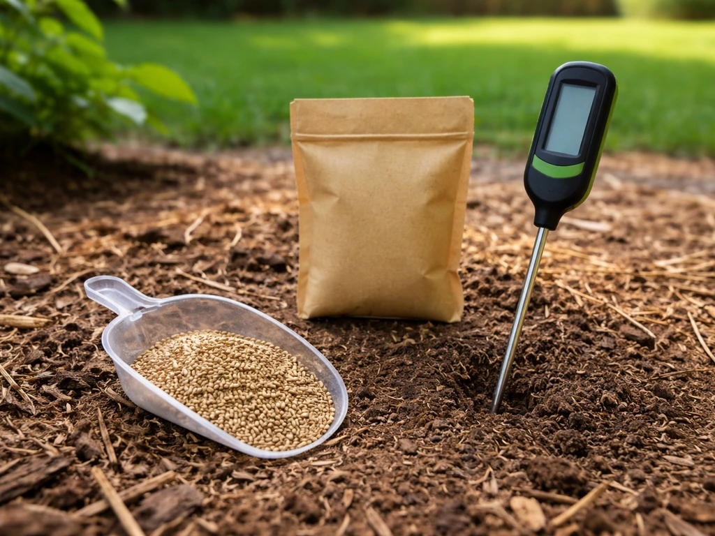 Close-up of buffalo grass seed and a soil thermometer in warm sunlit soil.