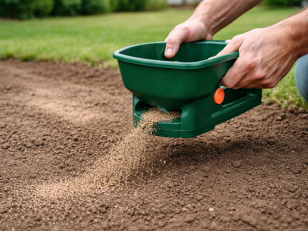 Handheld spreader dispensing treated buffalo grass seed over bare soil in a small residential yard
