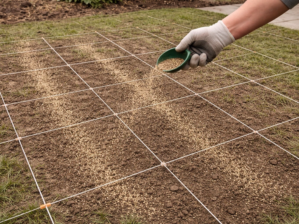 Hand spreading buffalo grass seed over soil/turf with clear grid markers in cross-hatch pattern