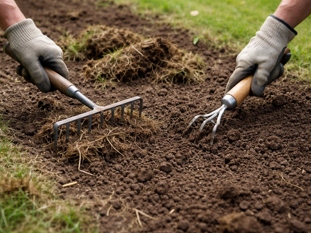 Gloved hands using a rake and small tiller to loosen soil strips and remove lawn vegetation.