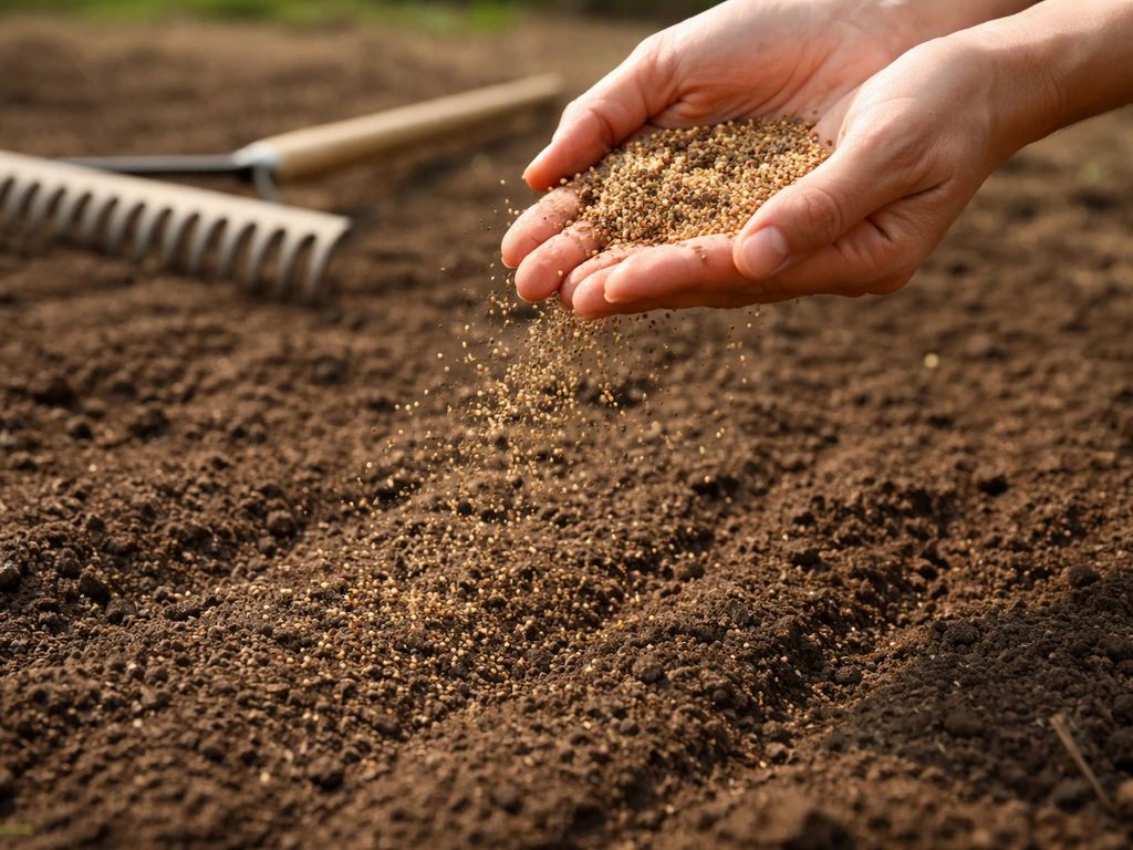 Hands scatter tiny wildflower seeds evenly over prepared soil with a small rake nearby.