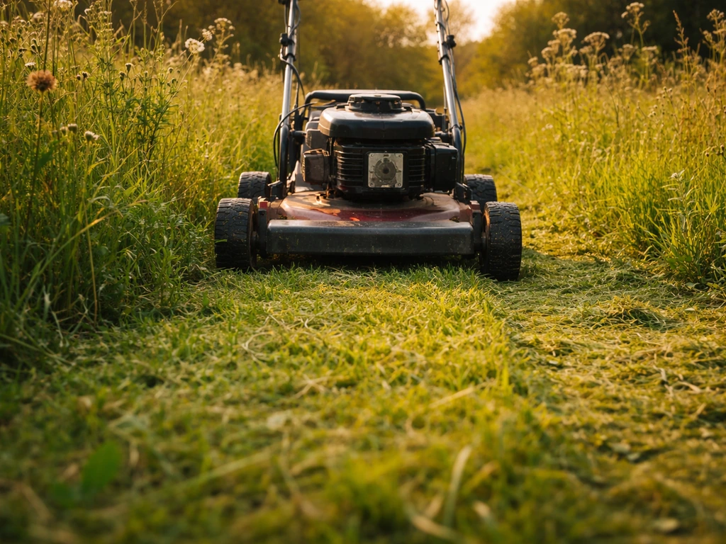 A gas mower cutting an overgrown meadow to a low 4–6 inch height, weeds being clipped.