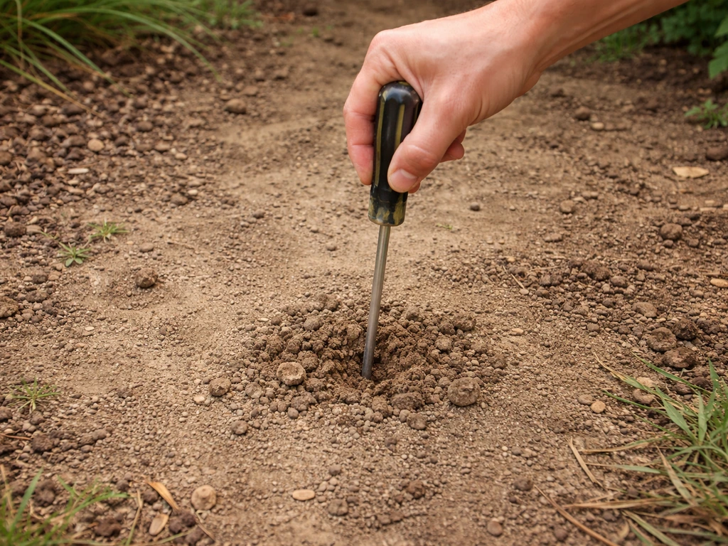 Hand probing a bare garden spot with a screwdriver to check compacted or crusted soil.