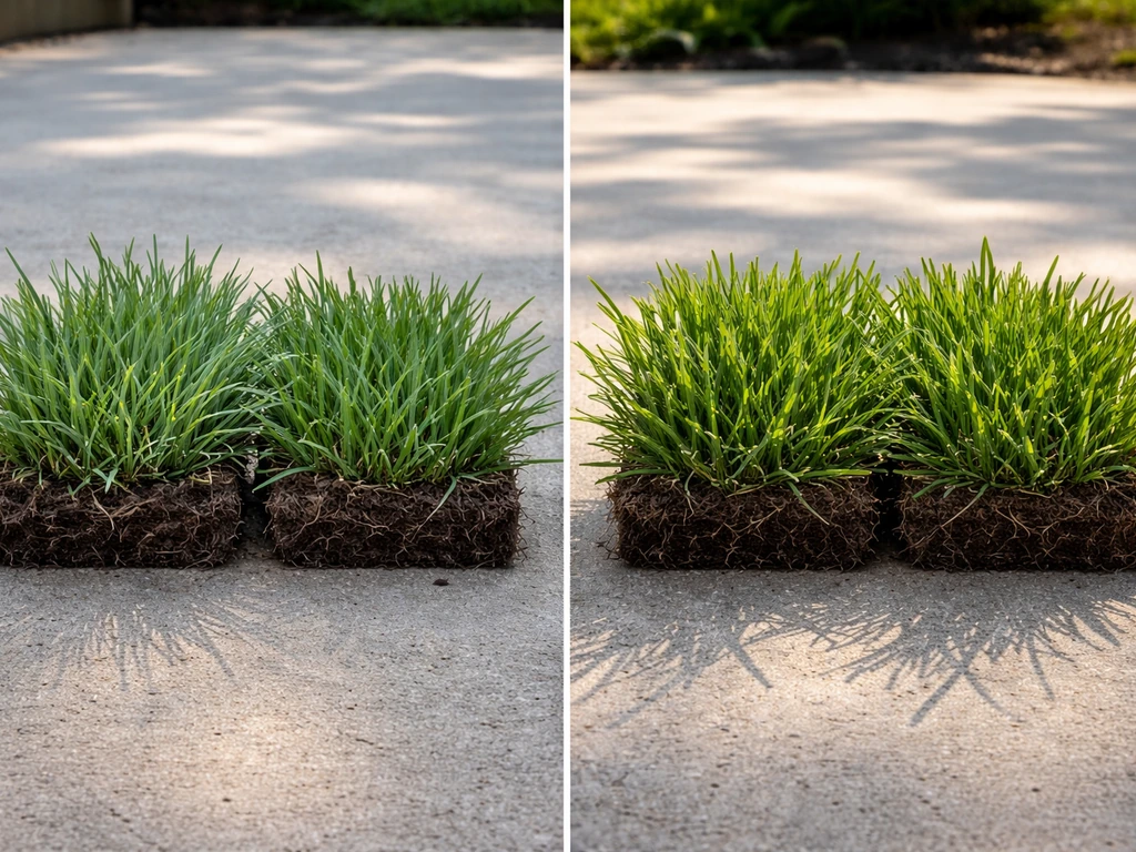 Two adjacent turf clumps showing cool-season shade vs warm-season sun differences.