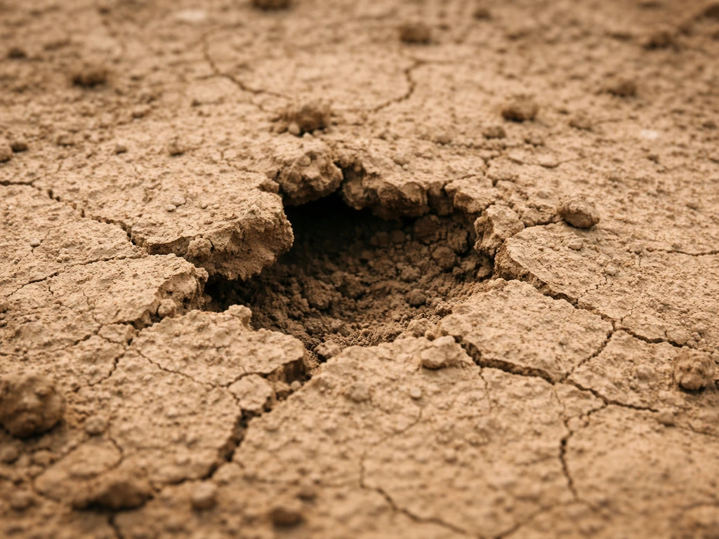 Compacted clay soil with a small cracked/opened section showing a crust that blocks seedling emergence.