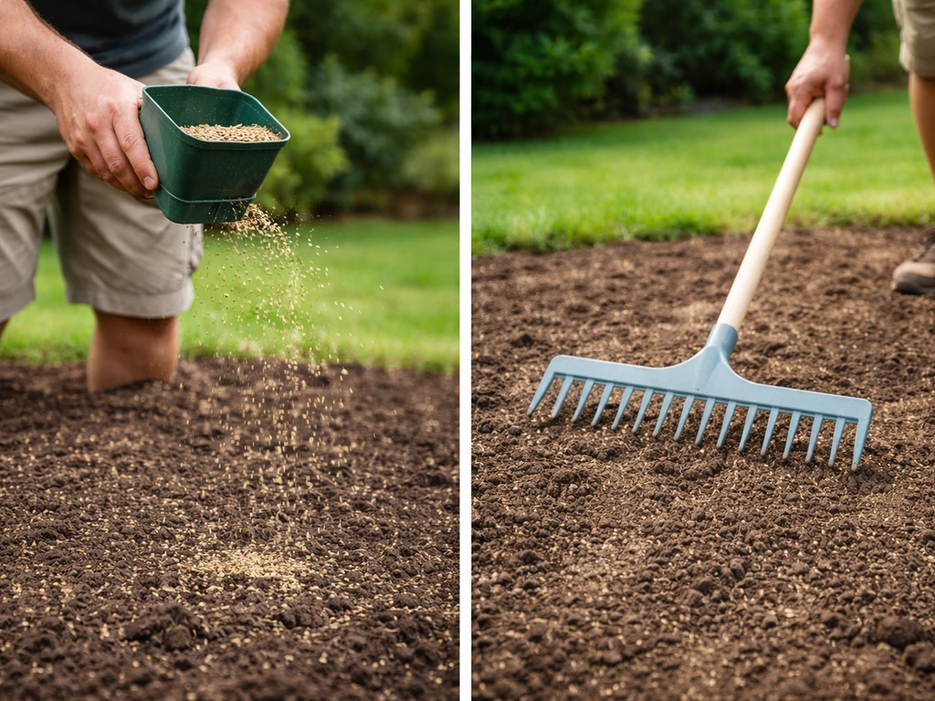 Hands broadcast grass seed on a prepared lawn, followed by light raking to press seed into soil.