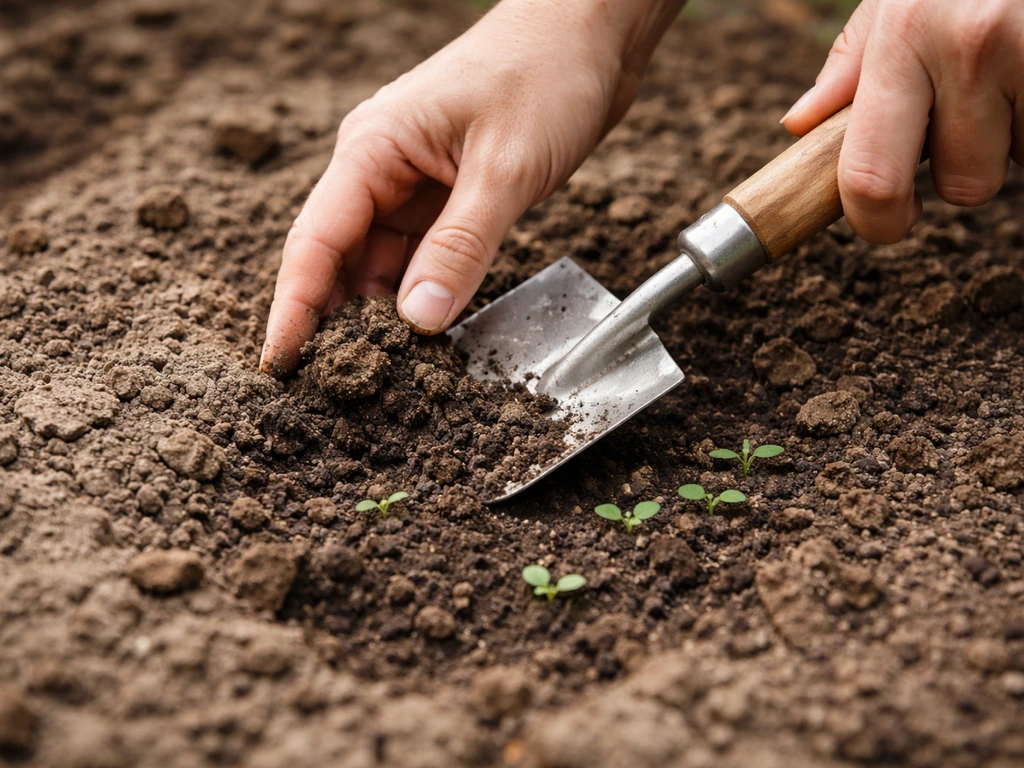 Hands break a hard clay soil crust with a small trowel, revealing soil for seedlings to emerge.