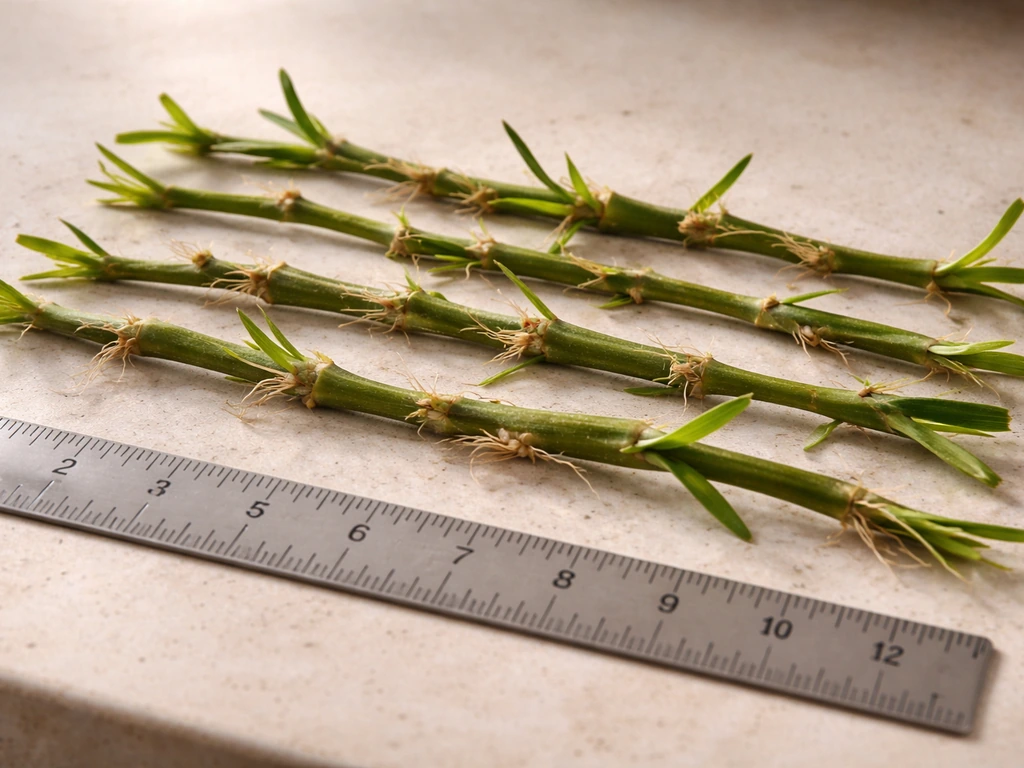 St. Augustine grass runner segments with visible nodes laid out beside a ruler for scale.