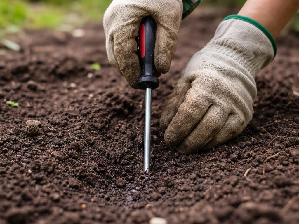 Gloved hands using a thin metal rod to probe moist soil depth resistance in a small ground patch.
