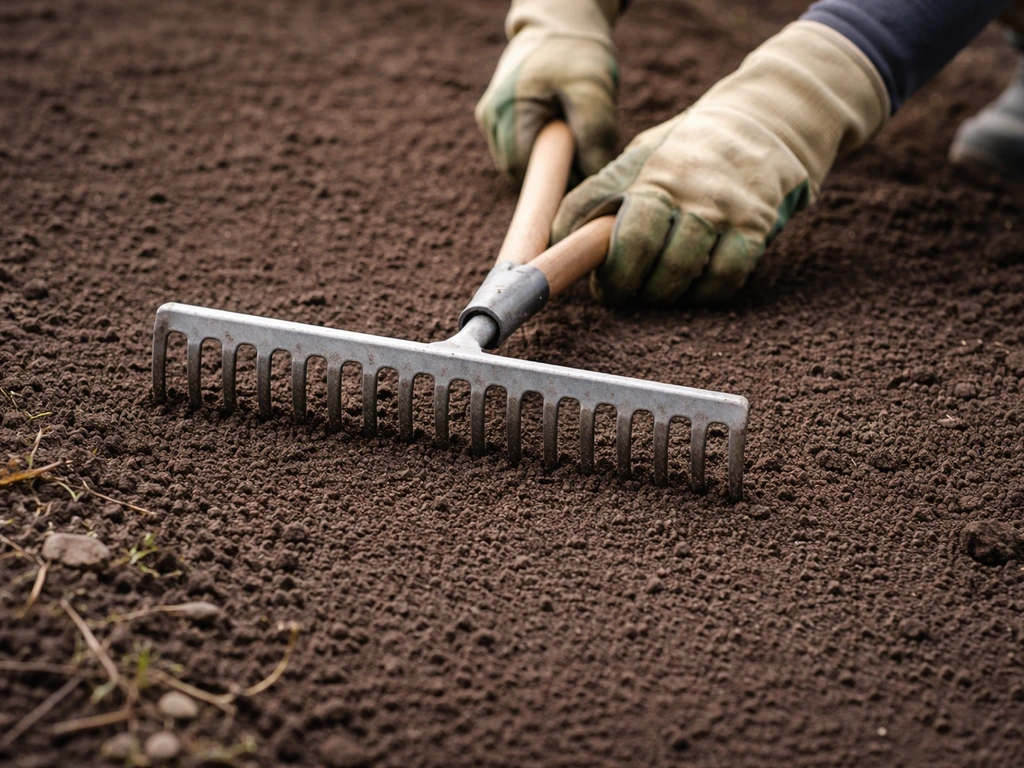 Close-up of hands raking dark soil smooth, removing small debris for even moisture and planting.