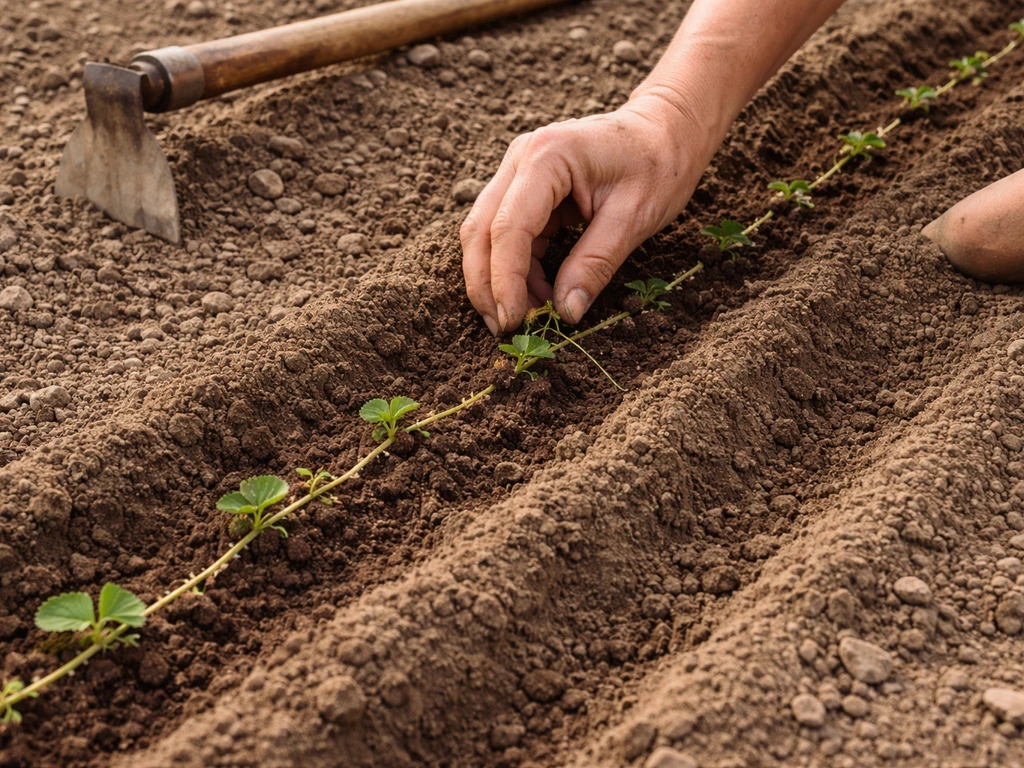 Gardener’s hands tucking runner segments end-to-end into shallow furrows in soil.