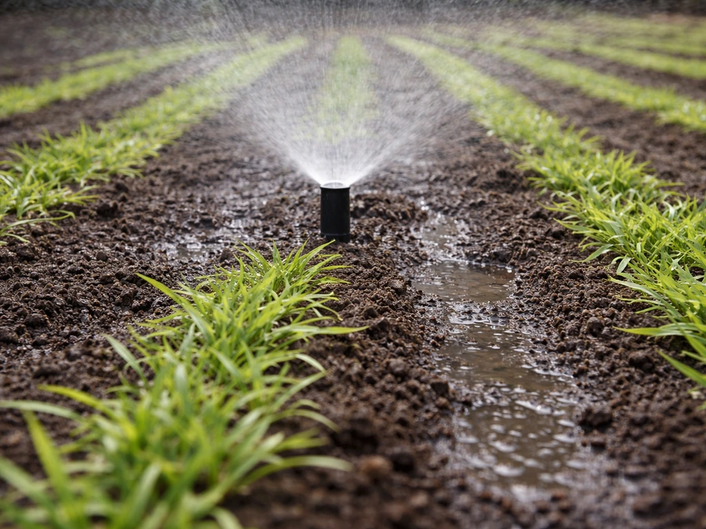 Garden hose and sprinkler watering newly laid runner strips on fresh soil at an early stage