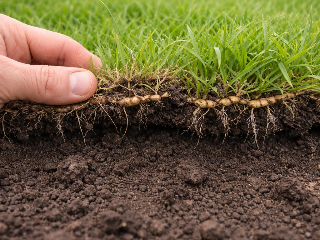 Hand lifts a turf runner to compare dry brown nodes vs nodes with fine root hairs.