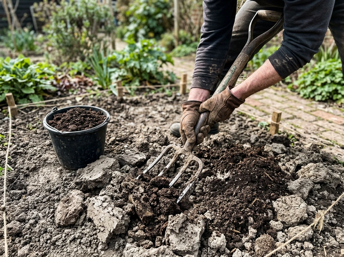Clay soil being loosened and mixed with compost for better lawn growth.