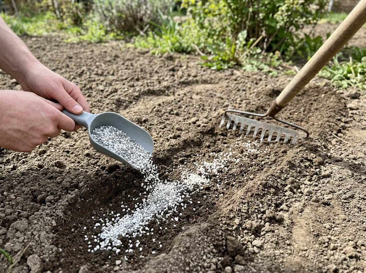 Starter fertilizer being spread over prepared soil before new grass seed takes root.