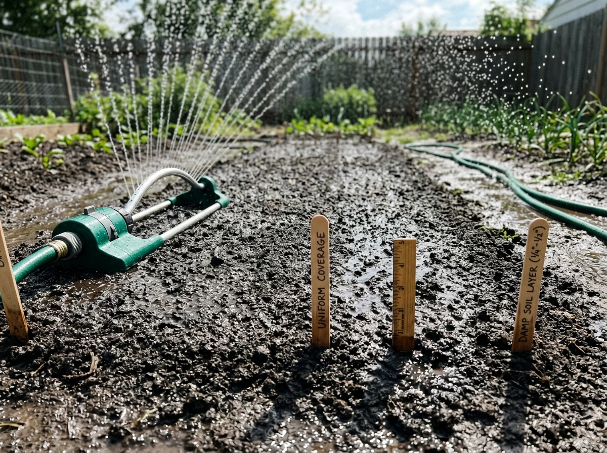 Oscillating sprinkler lightly watering a freshly seeded, damp soil bed.