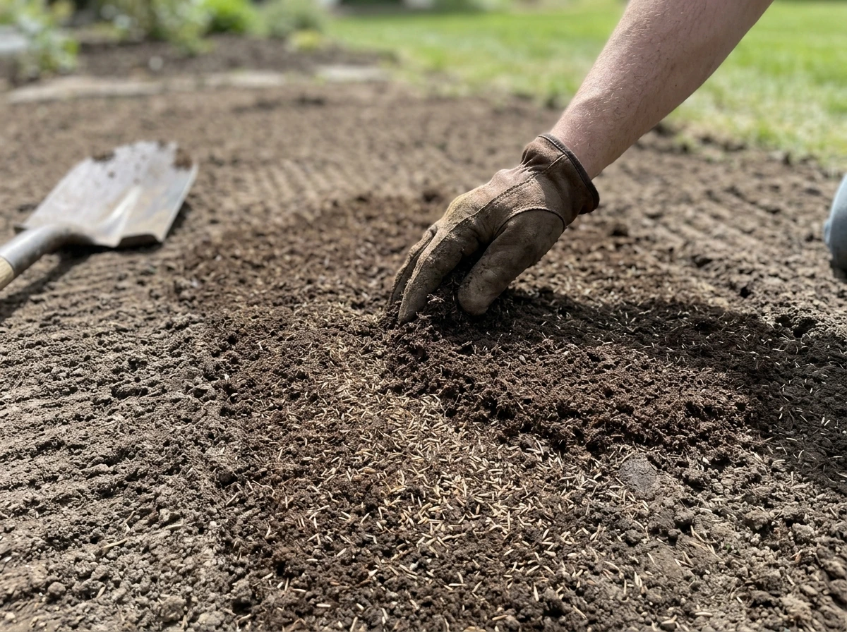 Thin compost/peat moss topdressing layer spread over newly seeded lawn.