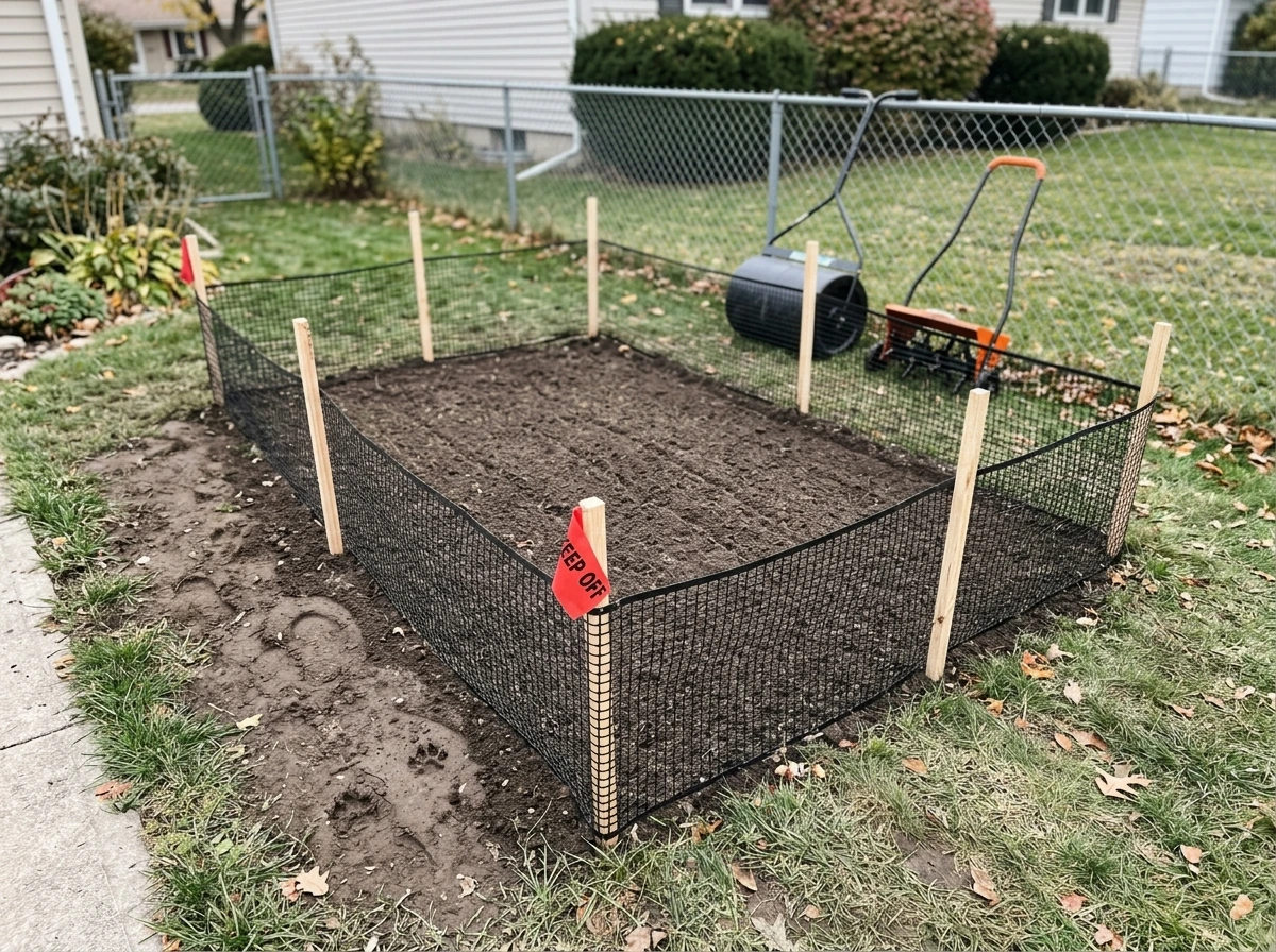 New grass germination area protected from foot traffic with temporary fencing.