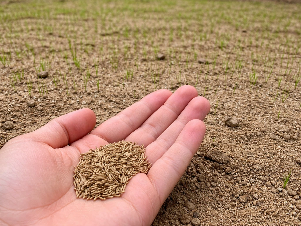 Close-up of centipede grass seed and a lawn bed with fine green sprouts showing early germination.