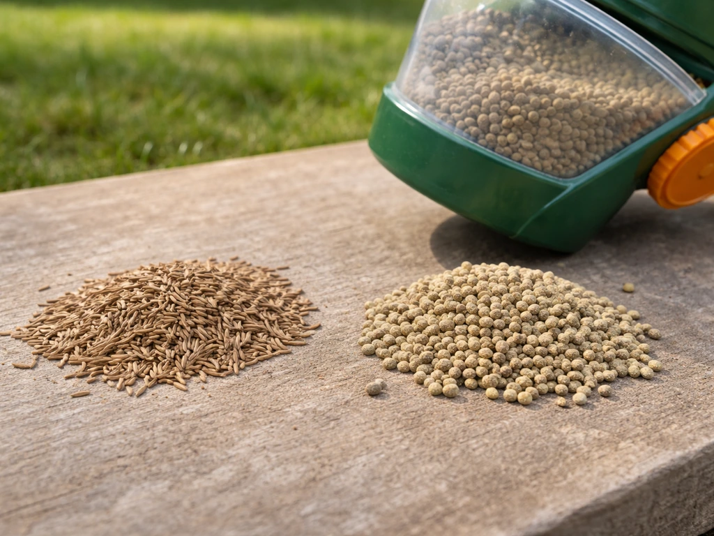 Close-up of centipede grass seed—raw vs coated—next to a handheld seed spreader on a simple surface.