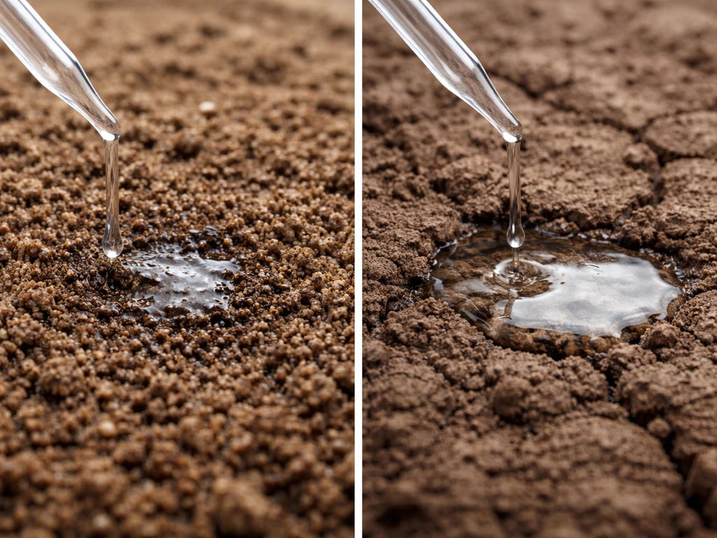 Split view of sandy loam with quick water soak versus compacted clay with slow water infiltration.