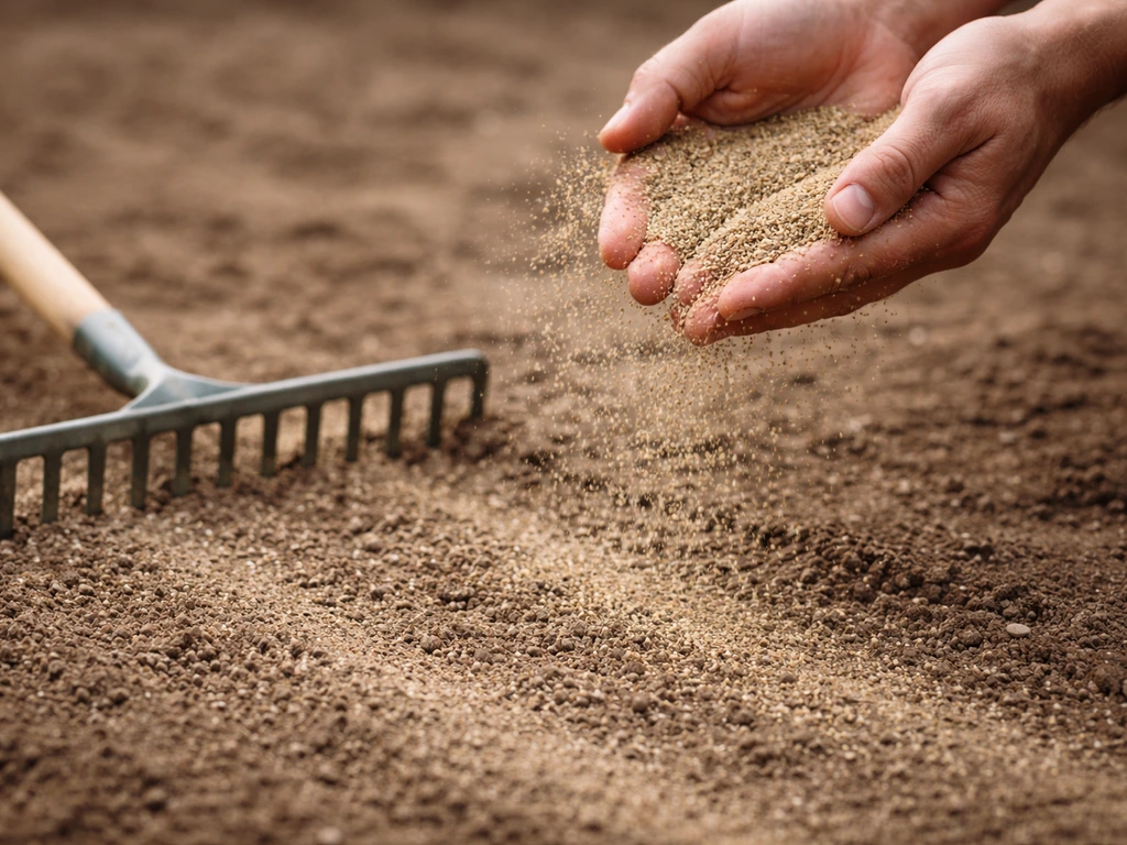 Gardener mixes and broadcasts tiny grass seed with dry sand, then gently rakes the soil surface