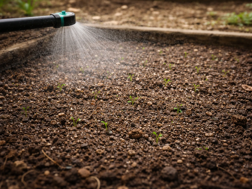 Gentle mist watering a freshly seeded soil patch, showing moist ground without flooding.