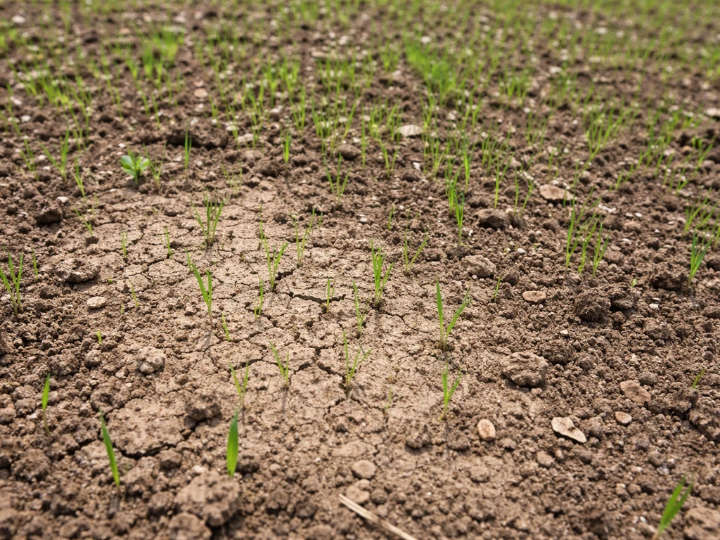 Patchy lawn ground showing uneven germination and a hard, crusted soil patch near seedlings